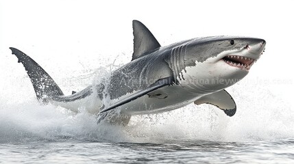 Fototapeta premium Great white shark mid-jump, isolated on white