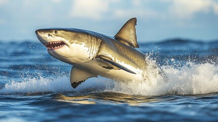 Fototapeta premium Great white shark mid-jump, isolated on white