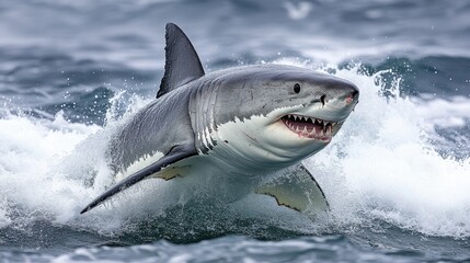 Fototapeta premium Great white shark mid-jump, isolated on white