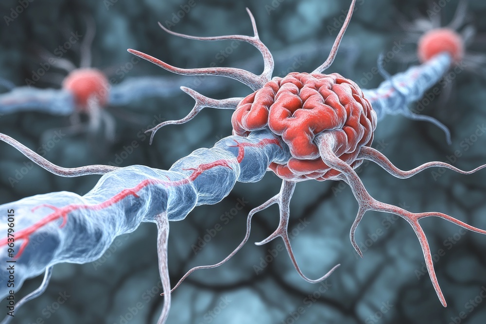 Poster action potential microglia and neuroplasticity close up of a neuron and axon visualizing neural tran