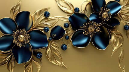 Elegant floral design featuring dark flowers and golden leaves on a smooth background.