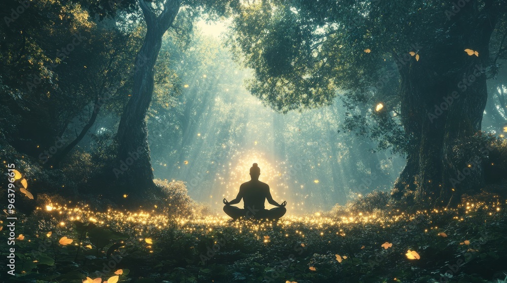 Wall mural a serene figure meditating in a sunlit forest, surrounded by glowing particles.