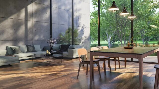 Animation of modern contemporary loft style dining and living room with nature view 3d render the room has plank floor concrete wall decorated with gray fabric furniture large window with forest view