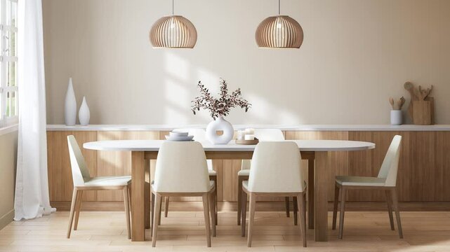 Animation of modern contemporary style dining room interior 3d render there are wooden floor, Decorated with wooden table and white fabric chair, large sunlight entering the room.