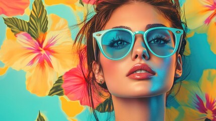 A stylish woman with oversized sunglasses poses against a vibrant floral background.