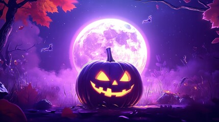 A glowing pumpkin with a smiling face is placed in front of a full moon