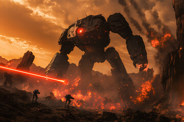 A giant robot stands amidst a fiery, apocalyptic landscape, firing a laser beam at a group of soldiers.