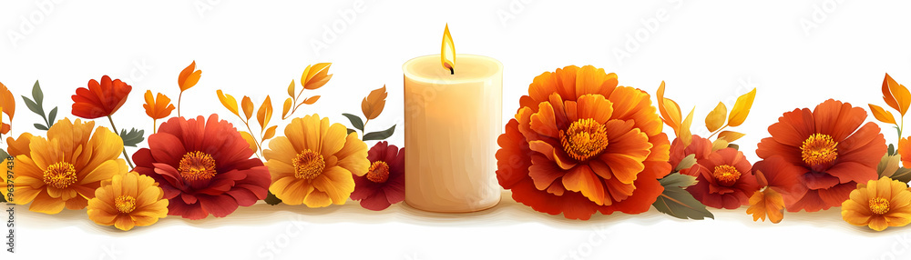 Poster Cempas Chil Flower with Lit Candle Isolated Vector - Floral and Spiritual Symbols for Dia de Muertos in Clean Design on White Background