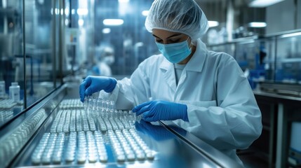 A lab technician organizes vials in a sterile environment, emphasizing precision and safety.