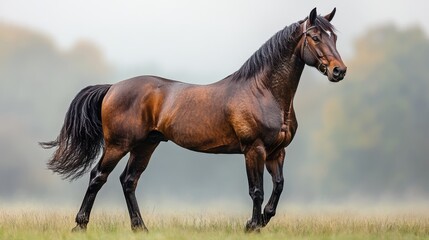 Fototapeta premium Horse standing with mane flowing on white background