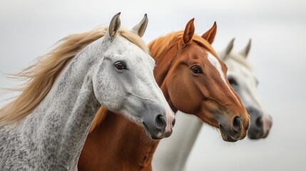 Horse standing with mane flowing on white background