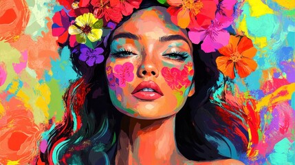 A vibrant portrait of a woman adorned with flowers, showcasing colorful face paint and artistic expression.