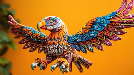 A colorful bird with a blue and orange wing is flying in the air