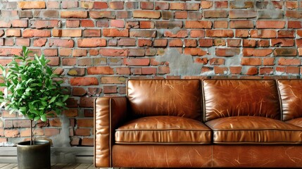 Mock up photo of interior with brick wall, leather sofa, and plant pot. Background space for text.