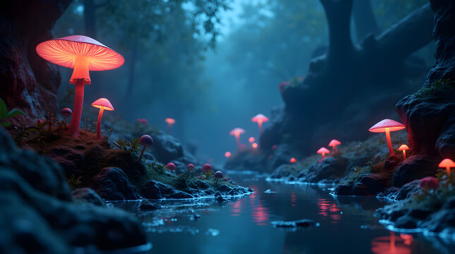 Enchanted Forest Stream with Bioluminescent Mushrooms