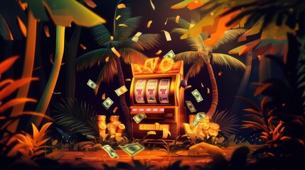 A slot machine with a palm tree in the background