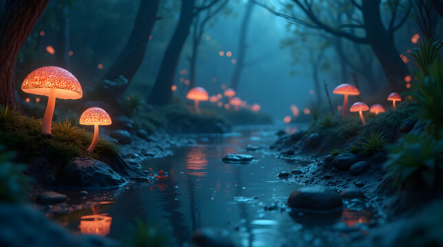 Enchanted Forest Stream with Bioluminescent Mushrooms
