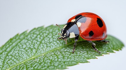 Ladybug on a leaf on white background