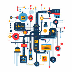 Flat AI-Powered Automation Flow: Clean Abstract Vector Illustration of Gears and Data Streams on White Background for Efficient Smart Business Solutions