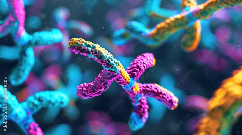 Poster a fluorescent microscope image of chromosomes labeled with different colors, highlighting their uniq