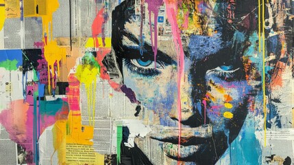 Fototapeta premium Vibrant mixed media collage featuring a striking face with colorful paint splashes and newspaper textures, creating an expressive urban artwork.