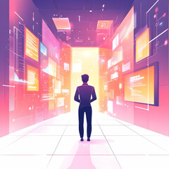 Flat AI Powered Event Planning Background: Glossy Futuristic Space with AI Logistics & Interactive Planning Displays for Innovative Event Management