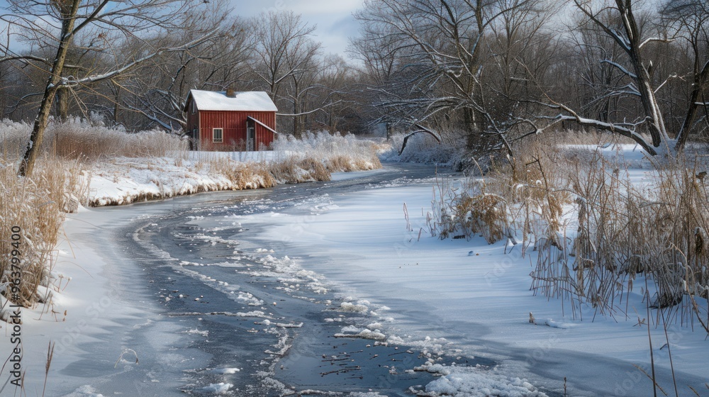 Poster a frozen stream with a small red cabin nestled in the distance, adding a touch of warmth and charm t