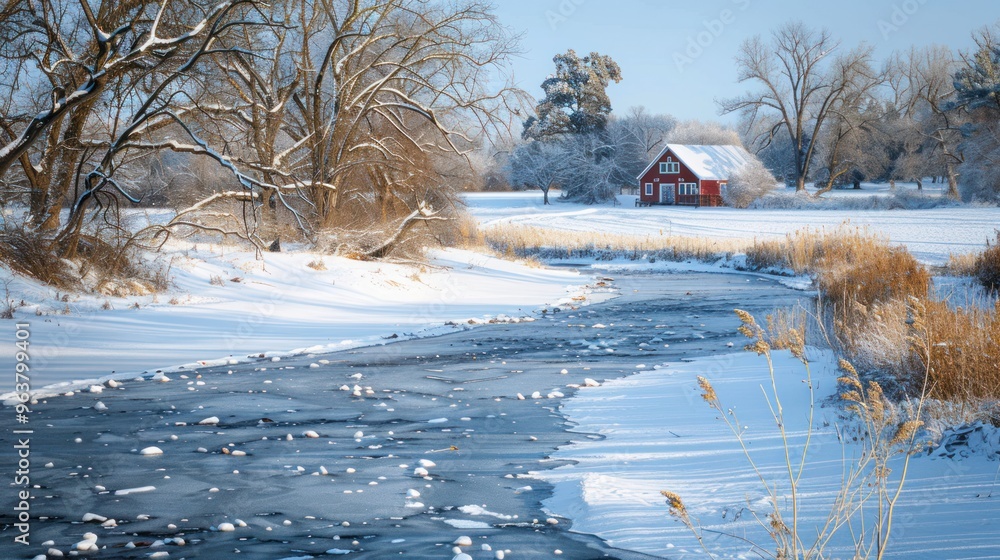 Poster a frozen stream with a small red cabin nestled in the distance, adding a touch of warmth and charm t
