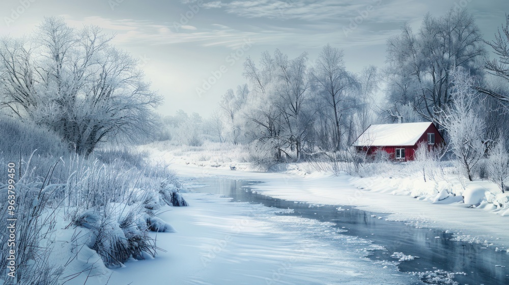 Poster a frozen stream with a small red cabin nestled in the distance, adding a touch of warmth and charm t