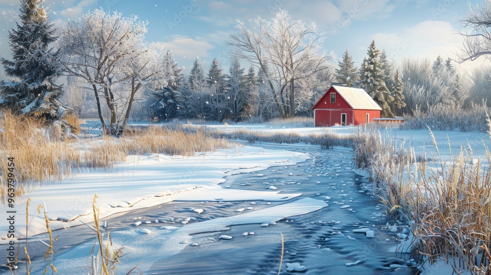Poster a frozen stream with a small red cabin nestled in the distance, adding a touch of warmth and charm t