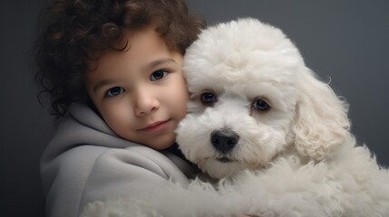 A gentle white poodle cuddling with a child, its soft fur providing warmth and comfort.