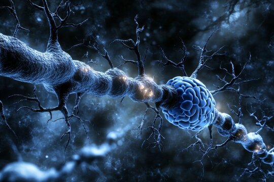 Gliotransmission corticospinal tract and oligodendrocytes dark detailed closeup of synaptic connections and nerve cells illuminated by faint light in space