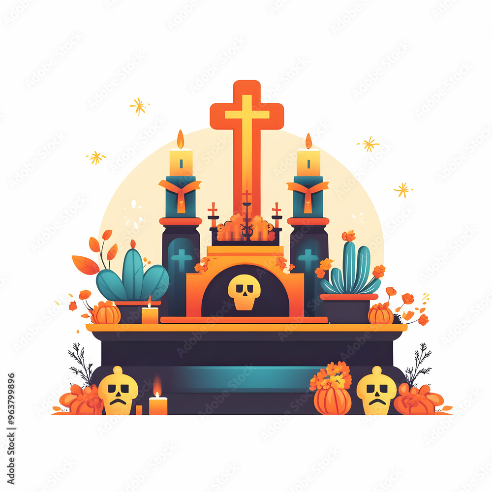 Poster Flat Vector Illustration of Isolated Dia de Muertos Altar and Cross on White Background - Symbolizing Cultural and Spiritual Essence