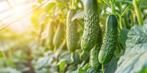 Mature cucumbers thriving in a greenhouse garden Vertical cultivation of cucumbers Organic farming method Close-up view
