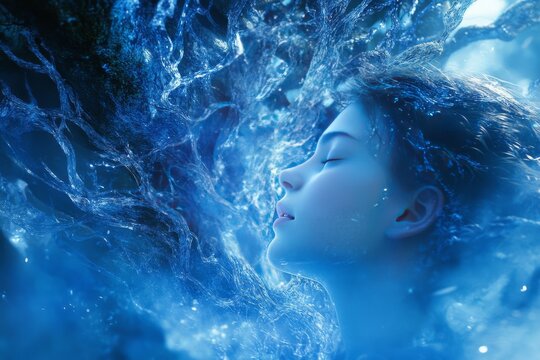 Glutamate receptors endocannabinoid signaling and neurogenesis a dreamlike figure surrounded by glowing synaptic networks and blue cosmic light in a surreal scene