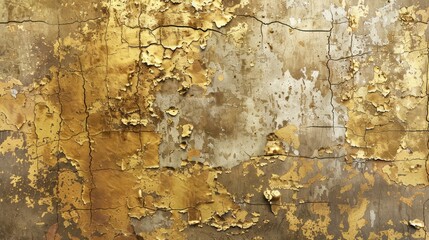 Obraz premium A high-resolution digital artwork of an aged, weathered gold wall with peeling paint and cracks, revealing layers of history beneath.