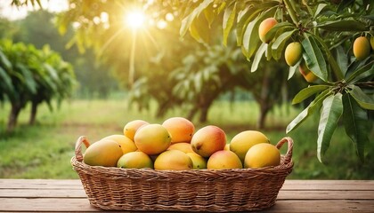 A basket of mangos and mangoes is shown on a wooden table 20
