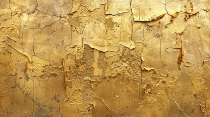 Fototapeta premium A high-resolution digital artwork of an aged, weathered gold wall with peeling paint and cracks, revealing layers of history beneath.