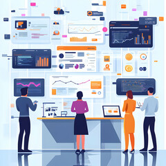 Flat Glossy AI Powered Human Resources Background: Modern HR Department with Employee Analytics & Interactive Recruitment Boards in Simple Vector Illustration