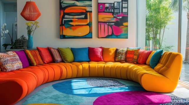 A vibrant, modern living room with colorful furniture and art, promoting comfort and creativity.