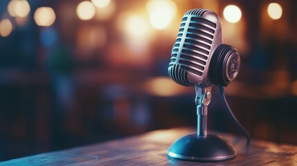 A vintage microphone on a wooden surface, set against a softly lit background.