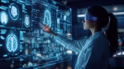 A scientist interacts with a holographic brain interface, analyzing data and research.