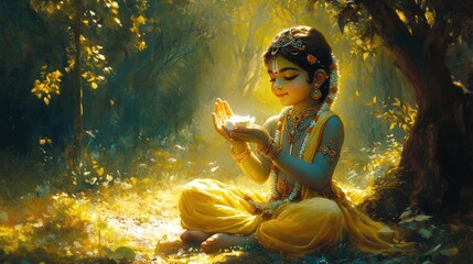 A young girl is holding a flower in her hand