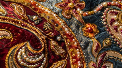 A luxurious handmade textile wall hanging, adorned with paisley motifs meticulously embroidered with beads and pearls.