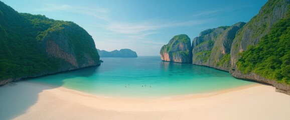 Fototapeta premium A beautiful beach with a clear blue ocean and mountains in the background