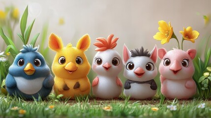 Obraz premium Playful cartoon farm animals on white background