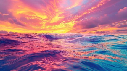 Obraz premium A mesmerizing flow of ocean water, illuminated by the vibrant colors of a tropical sunset, creating a breathtaking spectacle of light and color.