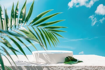 Obraz premium White podium with palm leaves
