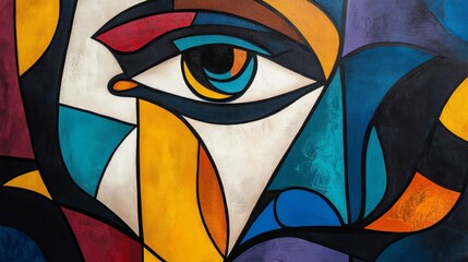 Vivid abstract artwork with geometric shapes and a prominent eye, featuring bold colors and artistic design.