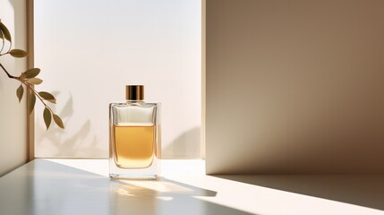 A minimalist perfume bottle with a simple label, elegantly placed on a sun-drenched windowsill, creating a dramatic play of light and shadow.